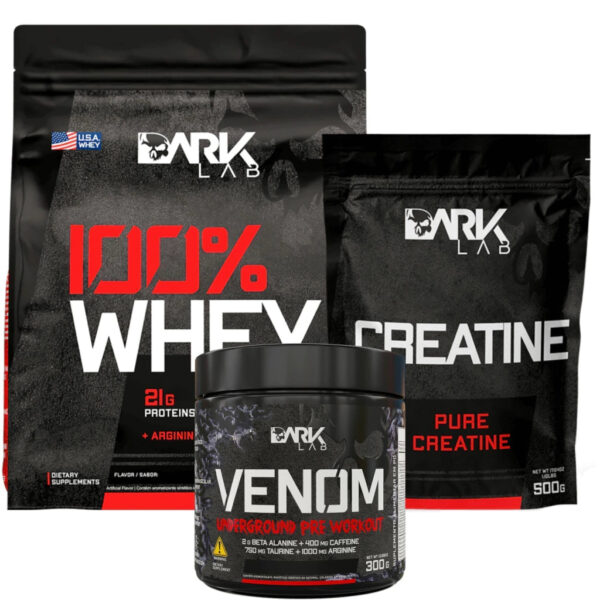 Creatina Pura Refil 500g + Whey 100% 900g Refil + Venom Pré Workout 300g Dark Lab